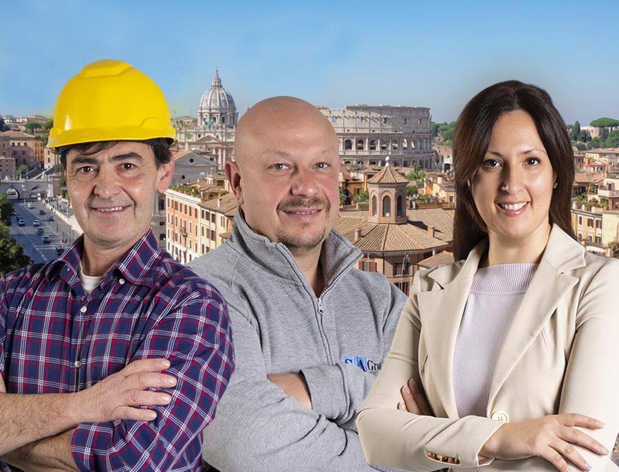 La squadra di Ci pensa Romolo con Roma e il Colosseo sullo sfondo