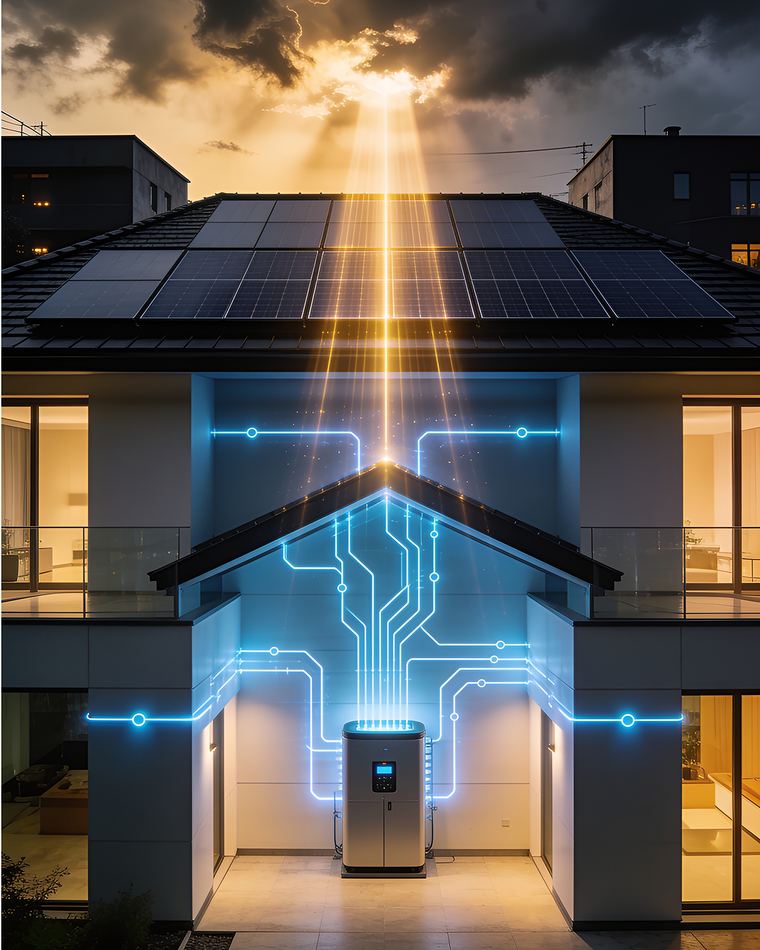 Pannelli fotovoltaici sul tetto di una casa collegati al sistema di accumulo